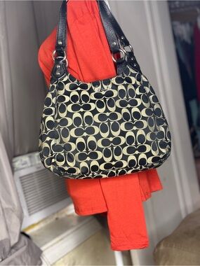 Coach Monogram Canvas Shoulder Bag in Black and Tan